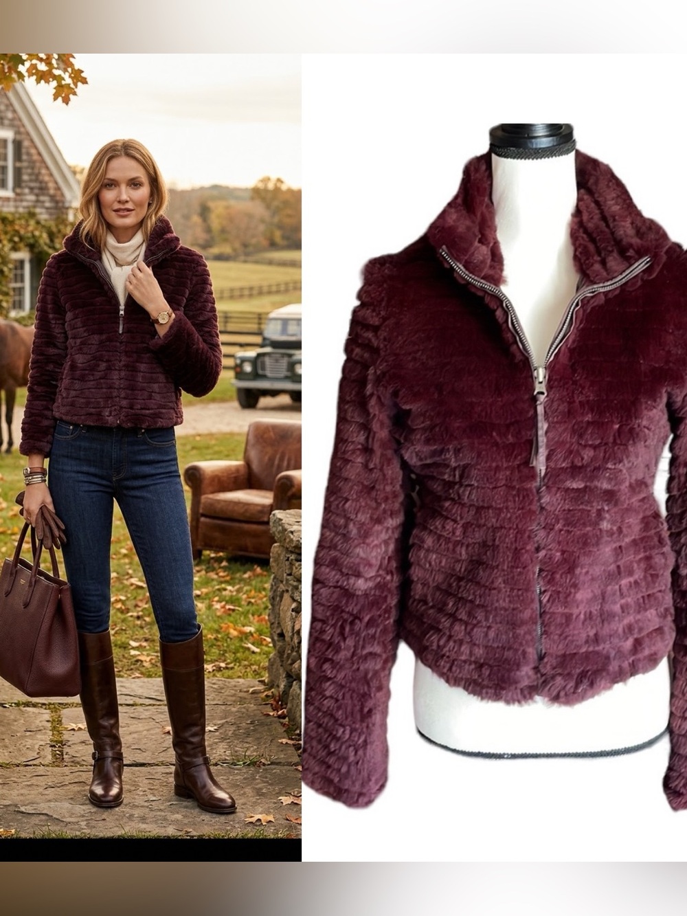June Rabbit Fur Reversible Aubergine Moto Jacket S